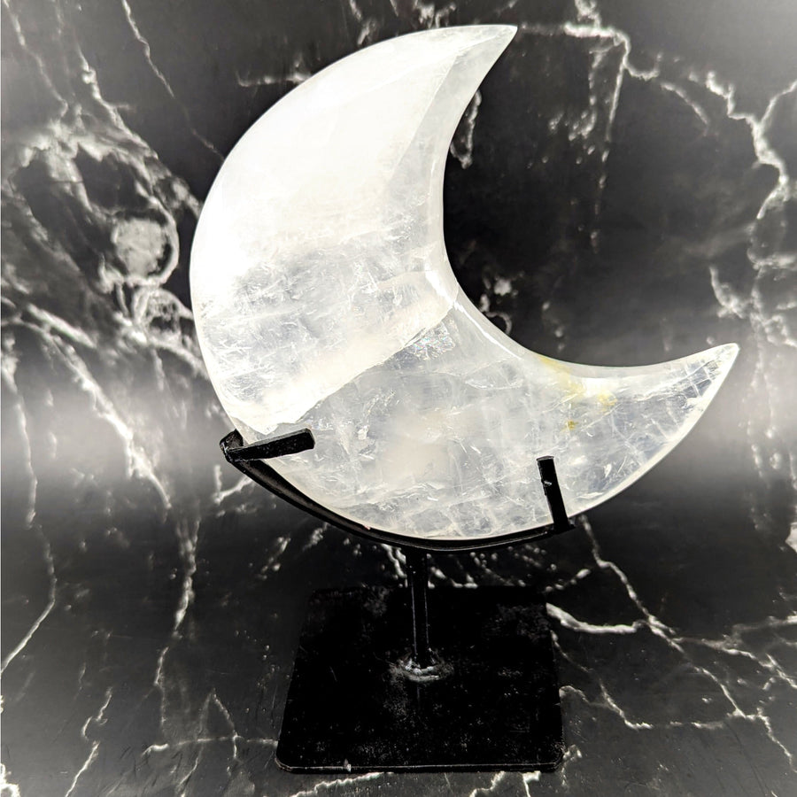 Clear quartz 8-inch moon crystal on black stand #BC0769