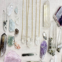 Delicate gold chain necklace with clear quartz double terminated point pendant LV9389