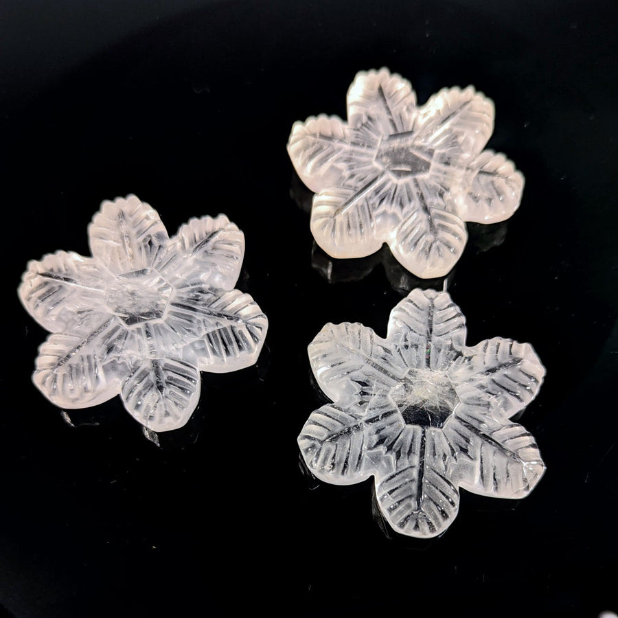 Three clear quartz snowflake pendants, BC0142, intricate petals
