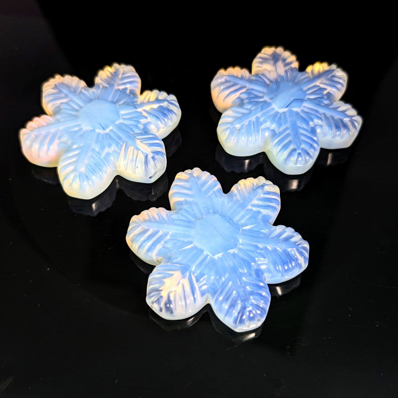 Three translucent blue and white opal flower pendants, Clear Quartz Snowflake Carving #BC0143