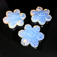 Three translucent blue and white opal flower pendants, Clear Quartz Snowflake Carving #BC0143