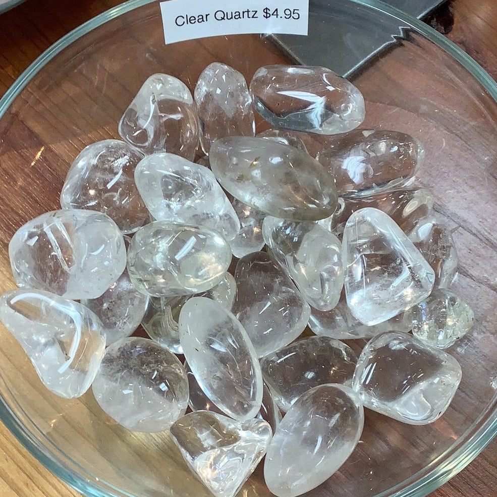 Tumbled Clear Quartz Crystals in a Pile for Product Clear Quartz Tumbled #T037