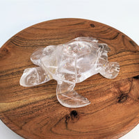 Thumbnail for Clear quartz turtle carving with rainbows in a wooden bowl with ice, product #LV2193