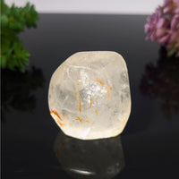 Clear quartz gemstone with hematoid inclusions, 1.8 inch geo freeform