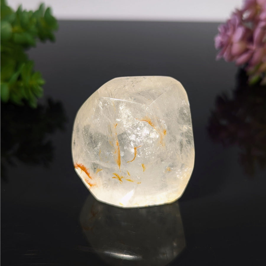 Clear quartz gemstone with hematoid inclusions, 1.8 inch geo freeform