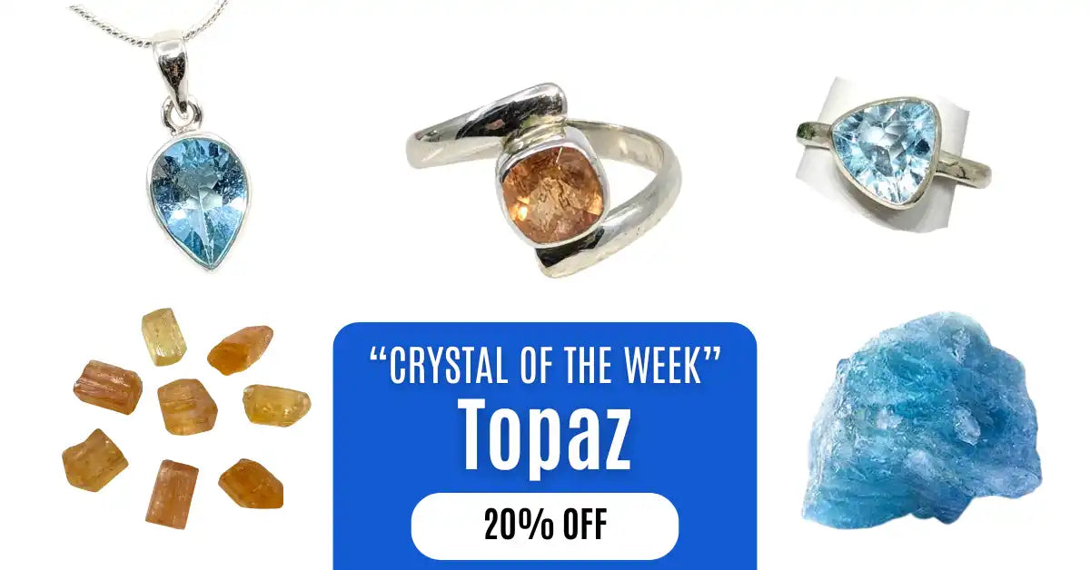 Collection of topaz gemstones and jewelry featuring both blue and golden varieties.