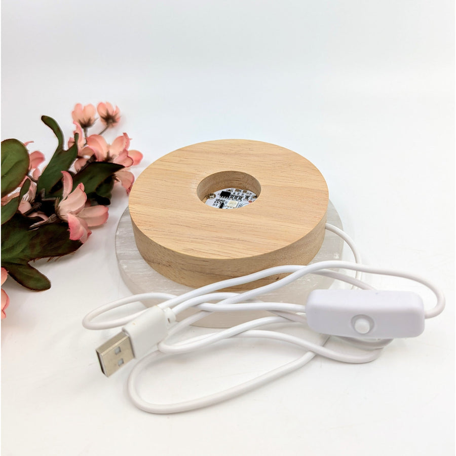 Round wooden LED light base with USB cable for Color LED Light 10 cm Base LV7866