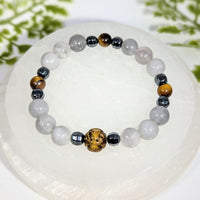 Confidence 8 inch multi stone bracelet with gray agate, black magnetic beads, golden tiger eye gemstones jewelry crystals