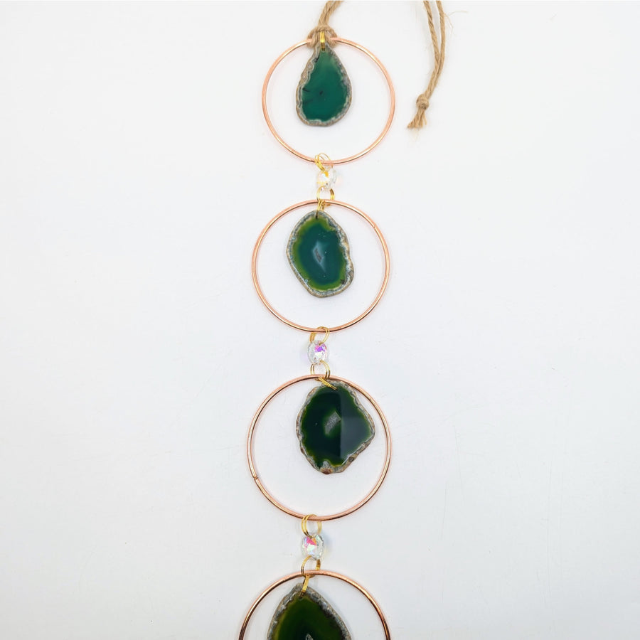 Green Agate Slice Wall Hanging in Copper Ring for Suncatcher Decor
