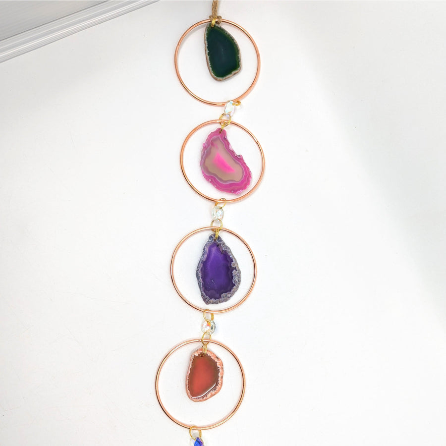 Colorful Agate Slice Wind Chime for Copper Ring 32 Inch Agate and Prism Suncatcher