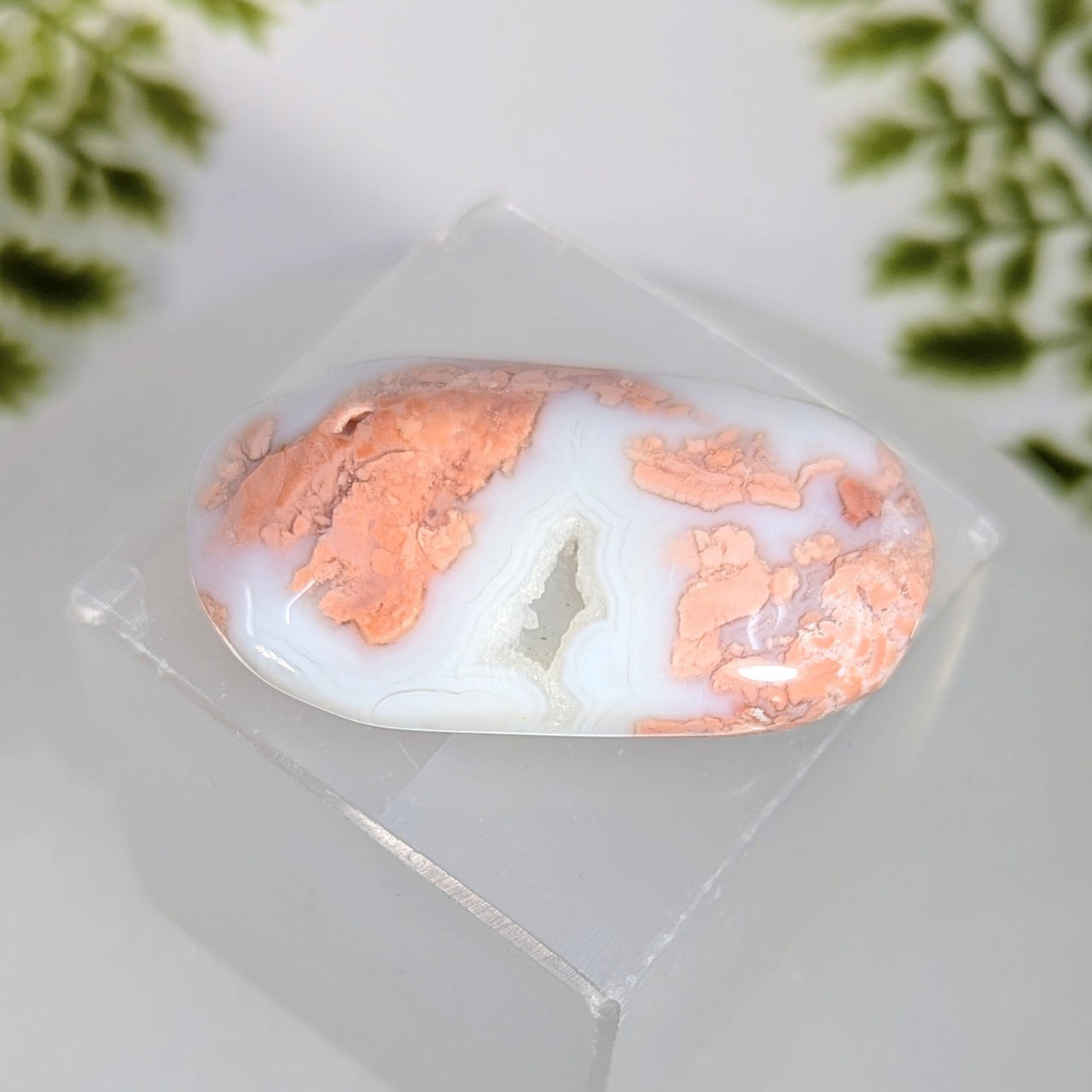 Polished peach and white Cotton Candy Agate 2’’ cabochon with cavity #BC1016