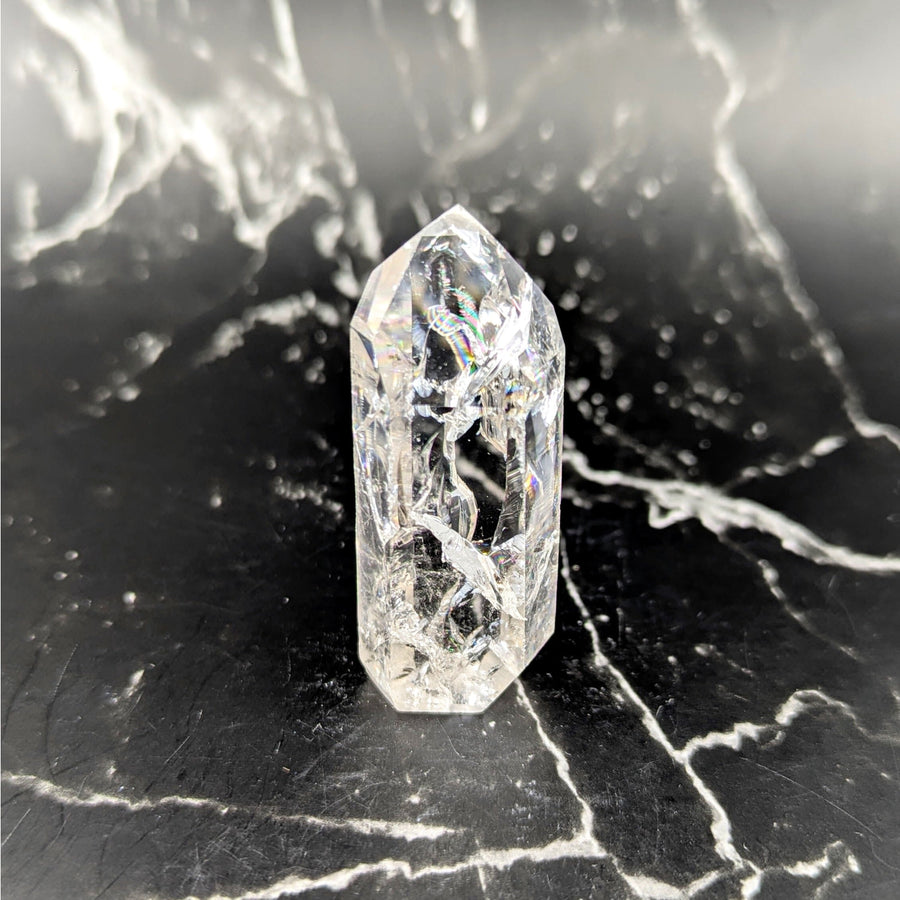 Clear faceted crackle quartz 2.5-inch generator tower #BC0817 with inclusions