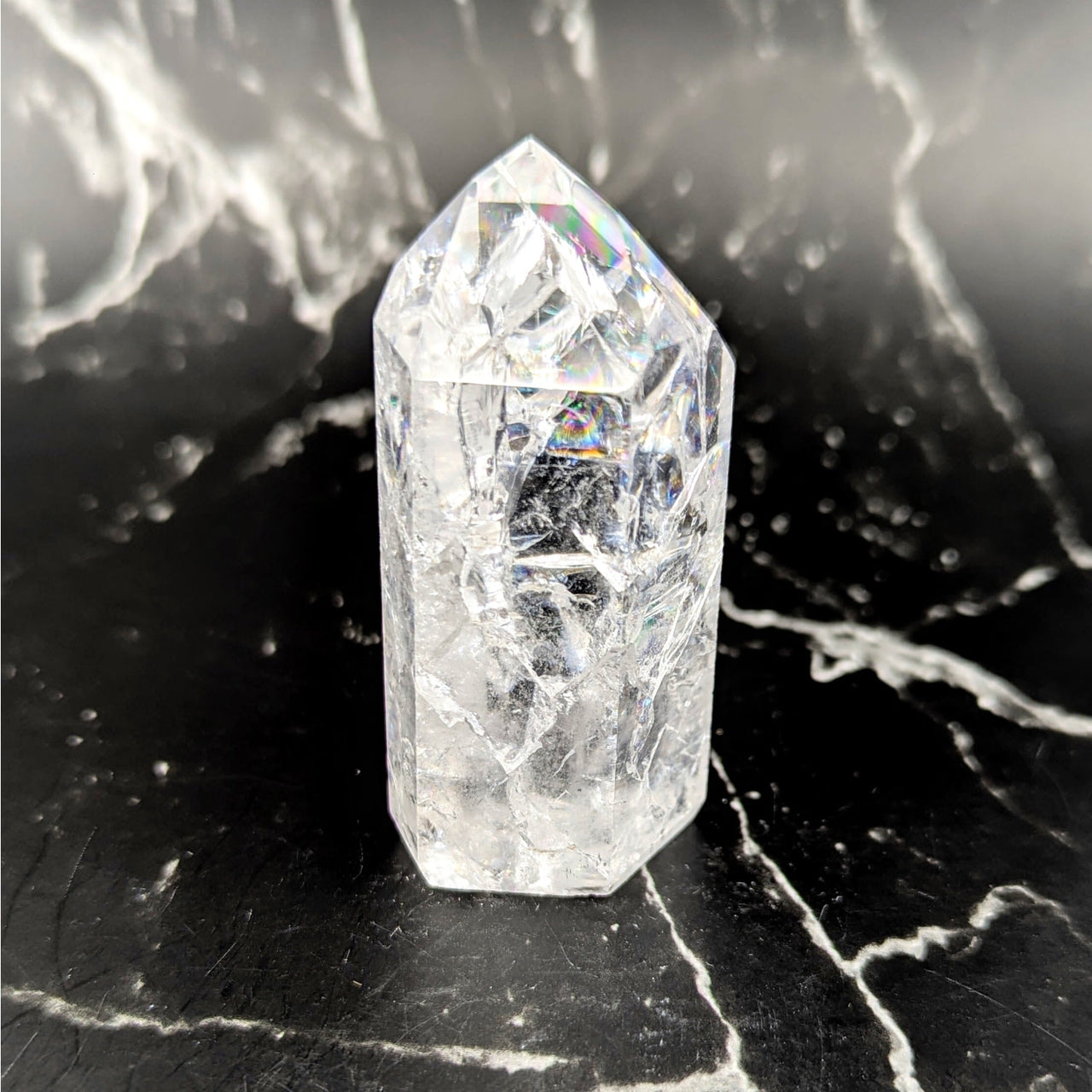 Clear faceted crackle quartz 2.75-inch generator tower #BC0816 with inclusions