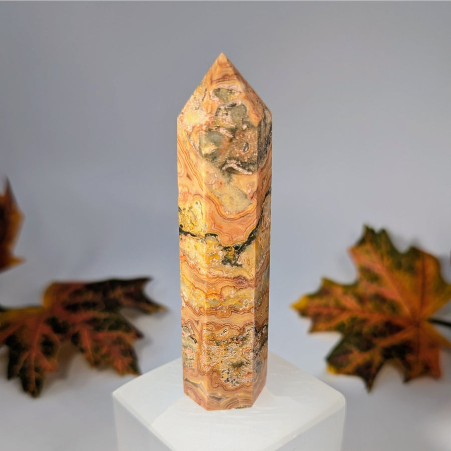 Golden marble obelisk statue in Crazy Lace Agate 3.5 inch tower #BC0115