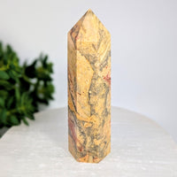 Crazy Lace Agate 3.5-inch hexagonal tower with golden yellow, brown, and red marbled quartz pattern #BC0627