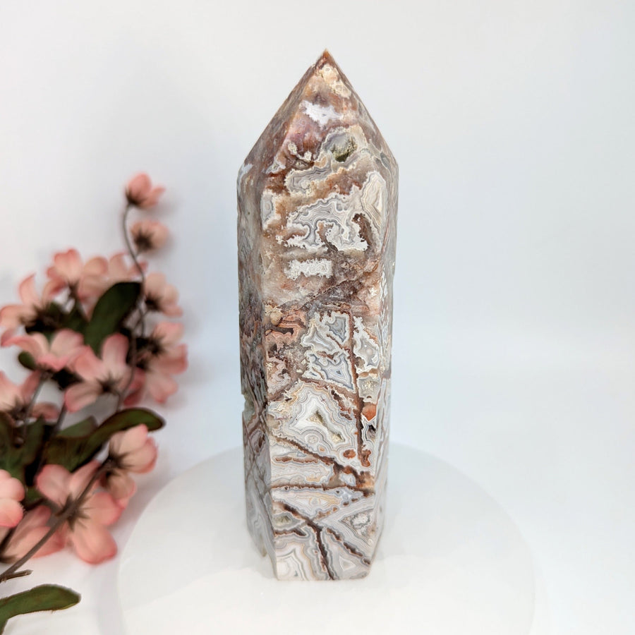 Polished Crazy Lace Agate crystal point tower 6 inches for healing and decorative use
