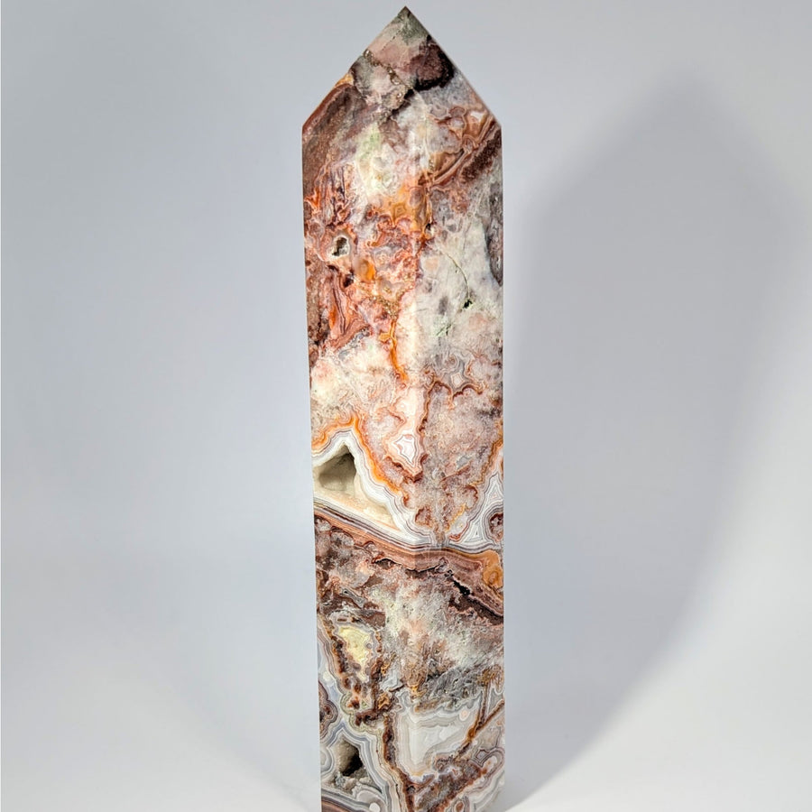Crazy Lace Agate 7.5-inch Tower with orange, brown, white swirls #BC0239