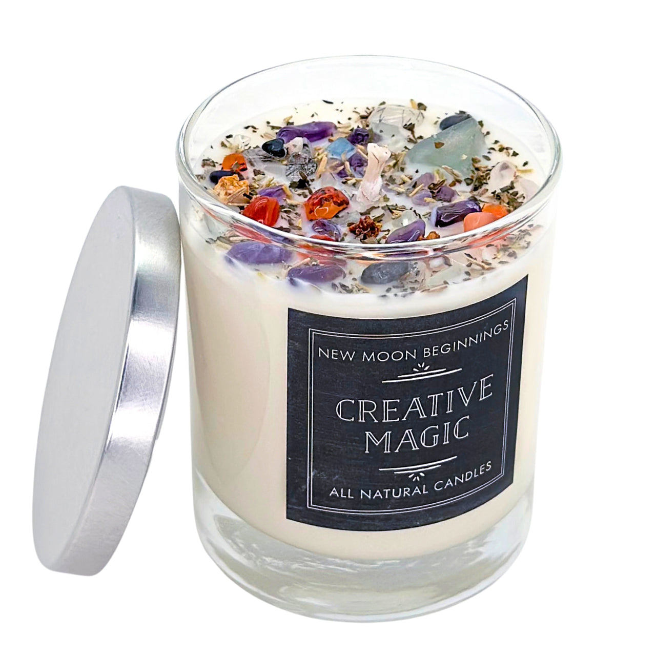Creative Magic soy crystal ritual candle with gemstones and herbs