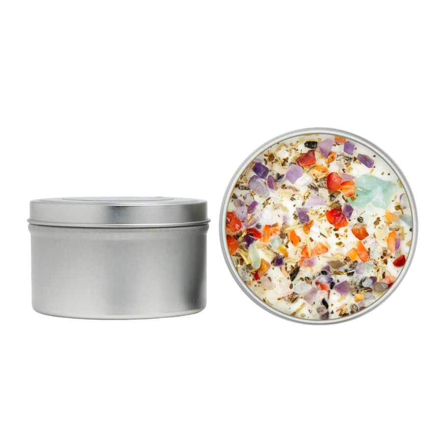 Colorful chunky gemstone-scented soy crystal candle in silver tin, Creative Magic BC0426