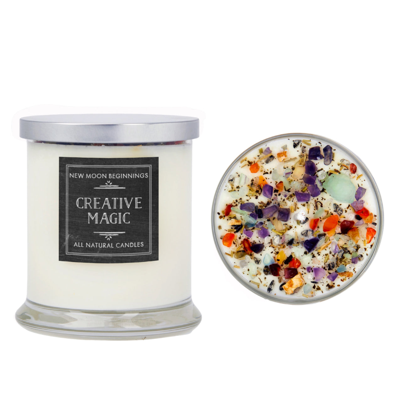 Creative Magic soy crystal candle with gemstones by New Moon Beginnings