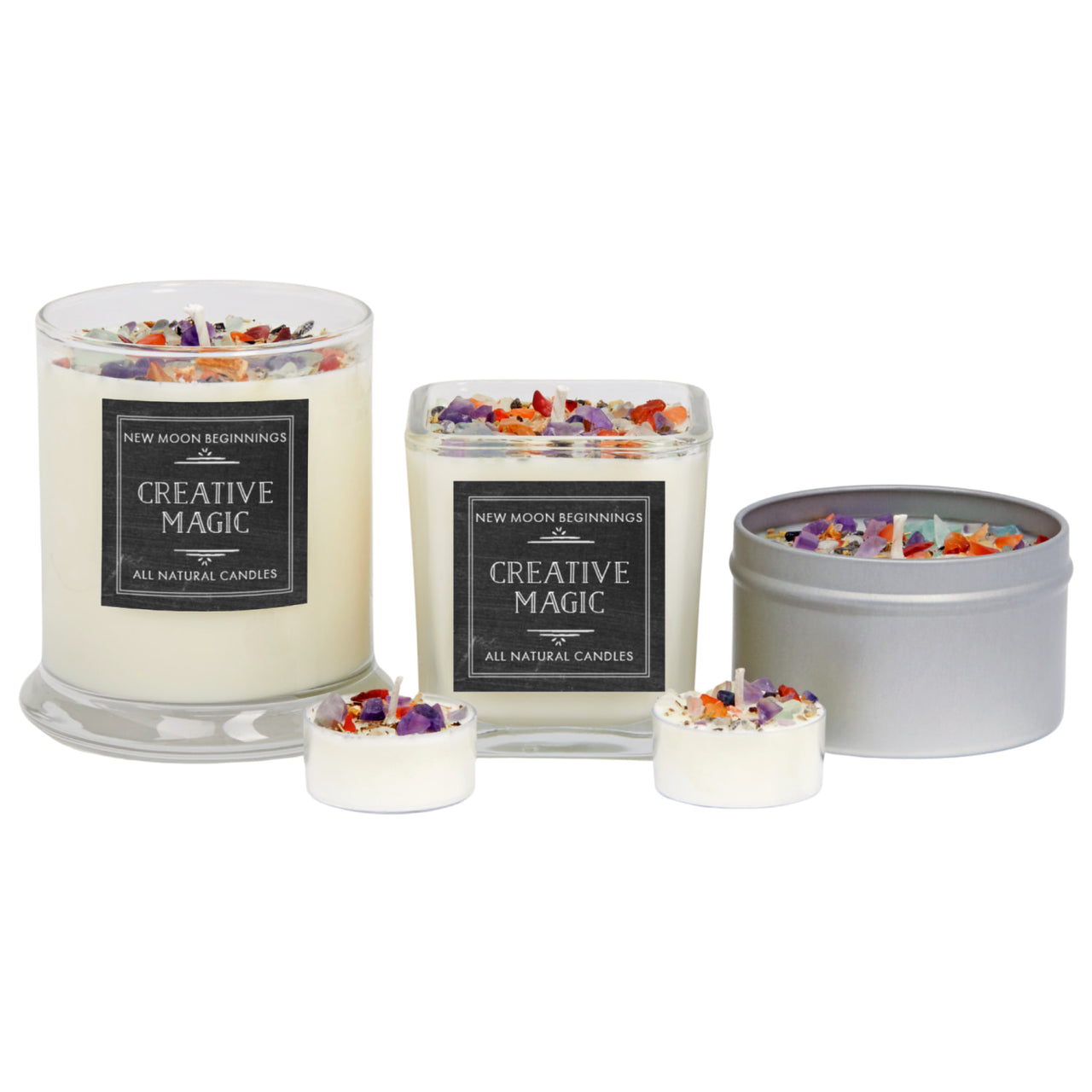Creative Magic soy crystal ritual candles with flowers in glass and metal containers