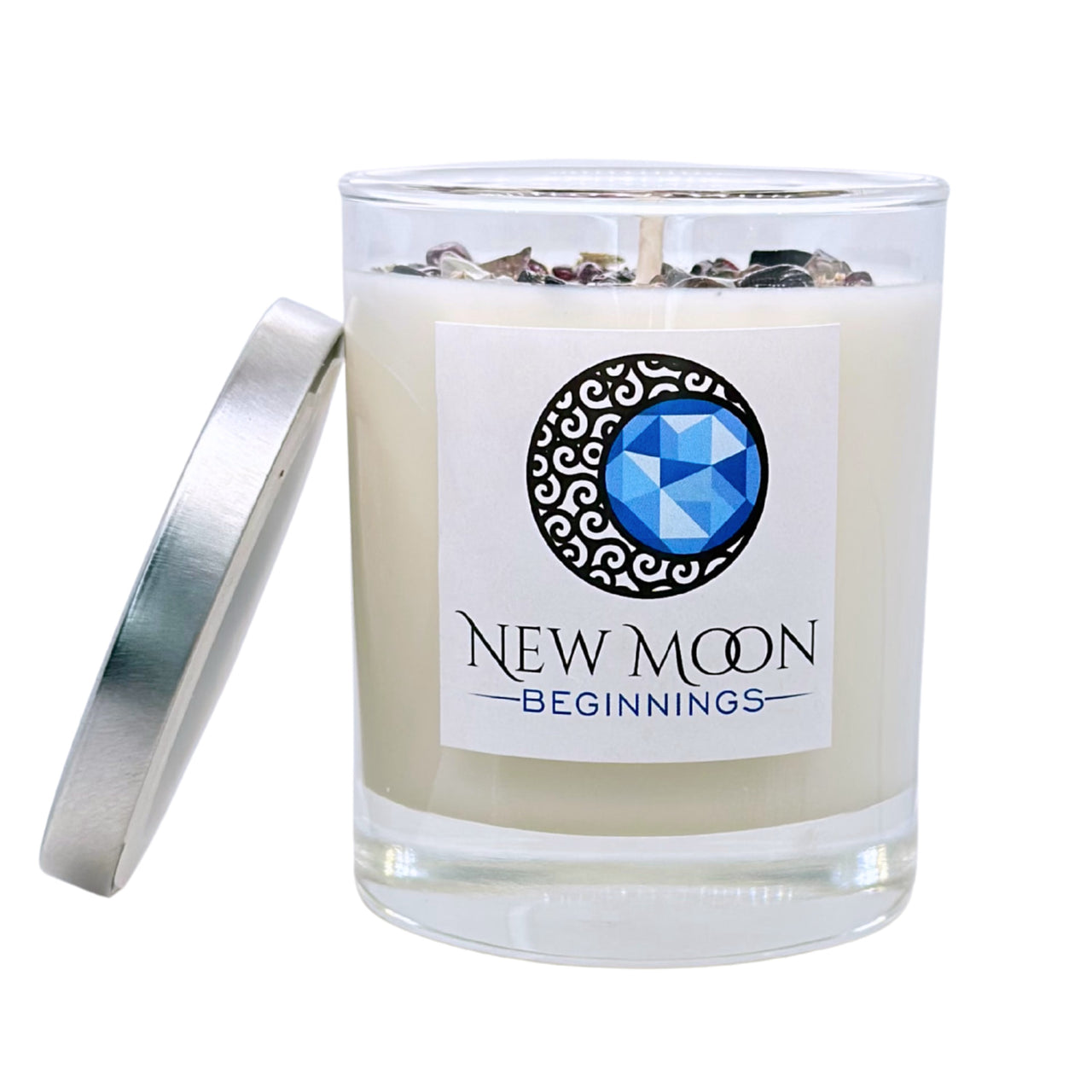 New Moon Beginnings soy crystal ritual candle in glass jar with stones