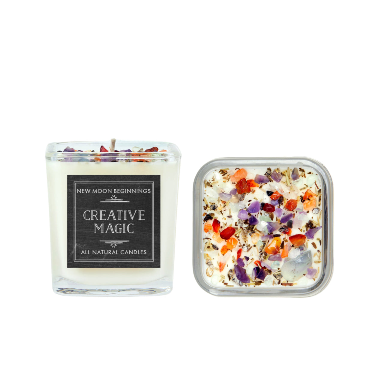 Creative Magic soy crystal candle in square glass jar with white wax and colorful chips by New Moon Beginnings