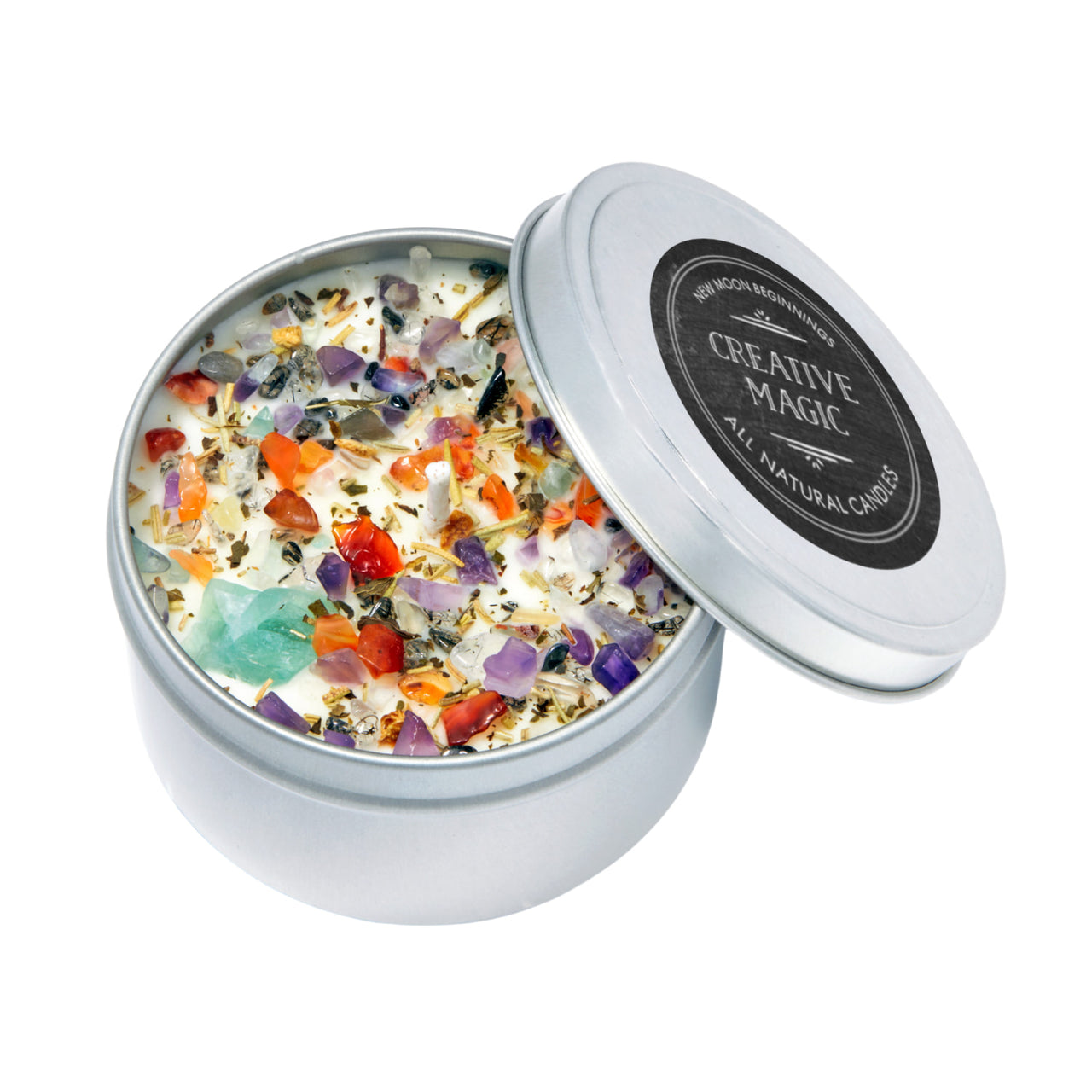 Creative Magic silver tin soy candle with white wax, crystal chips, and herbs