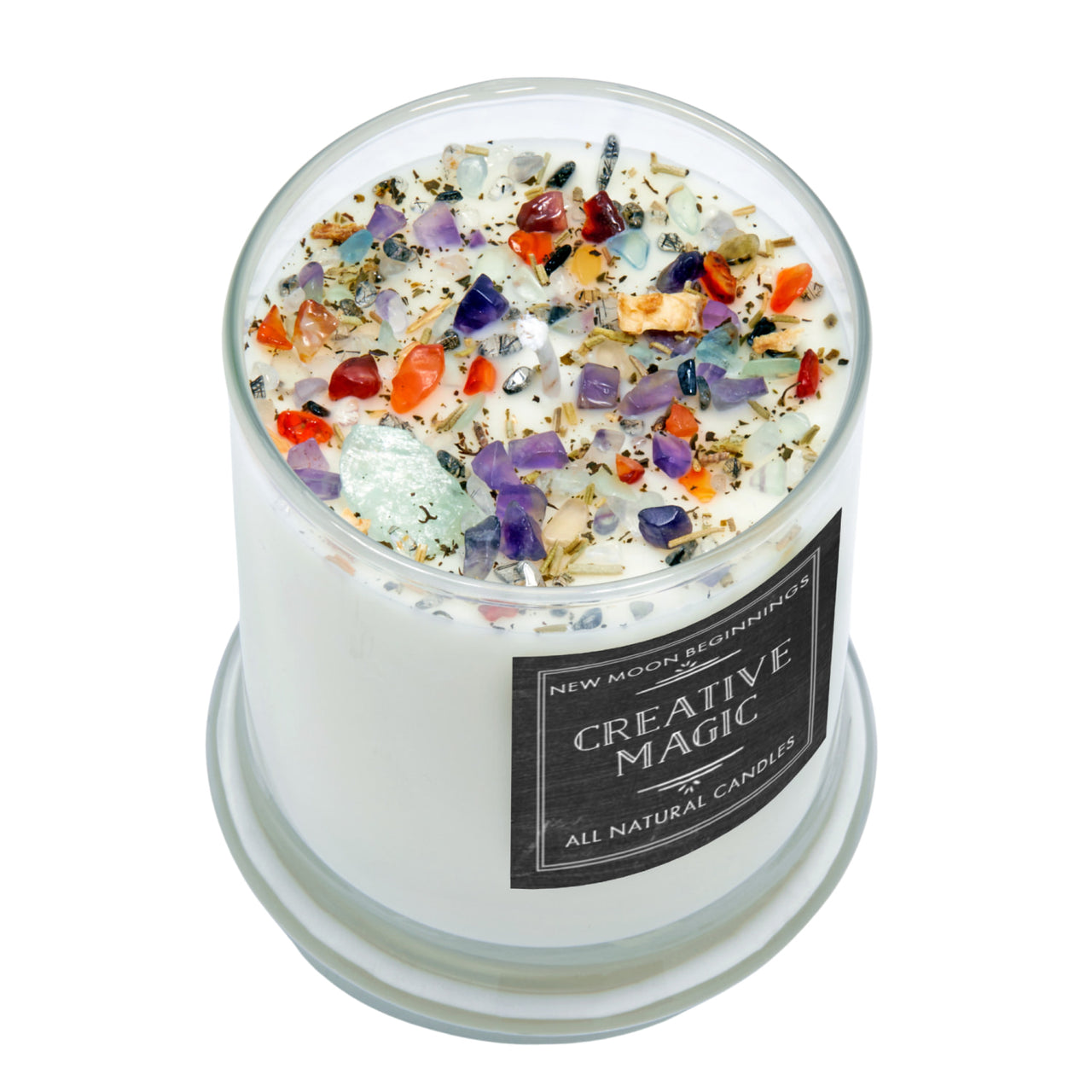 White soy ritual candle in clear glass jar with colorful gemstones and dried herbs, Creative Magic #BC0426