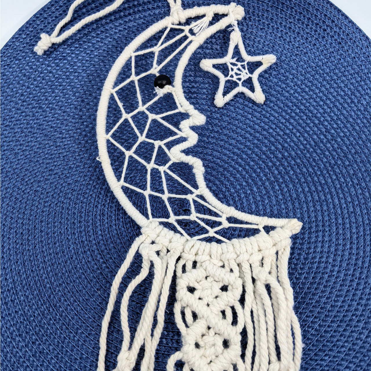 Blue and white hat with white crochet, Crescent Moon Crochet Dreamcatcher #LV4678