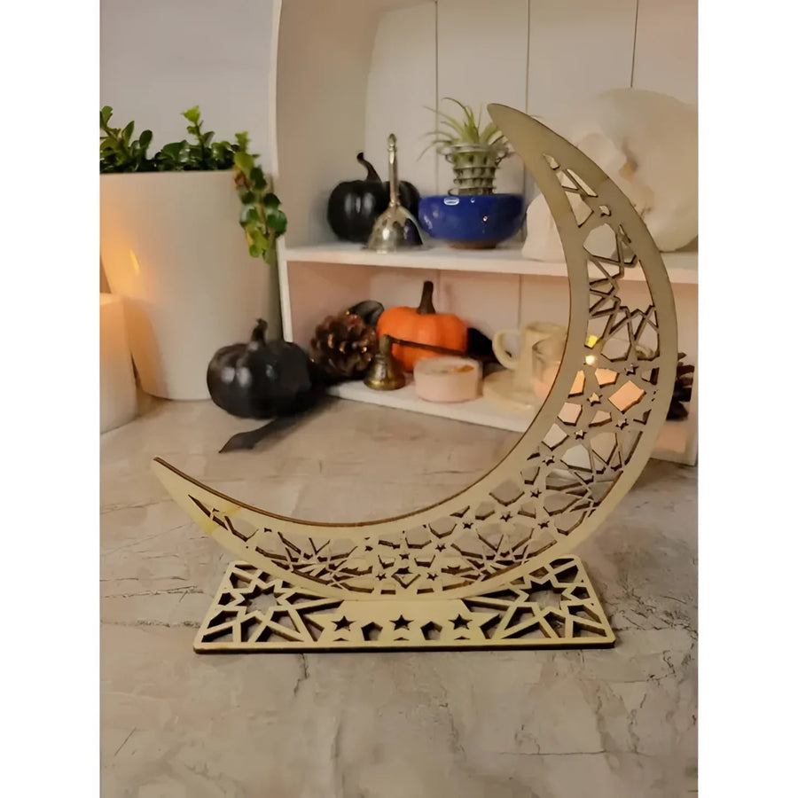Crescent Moon Desktop Decoration #LV3764: Wooden moon with star and moon design