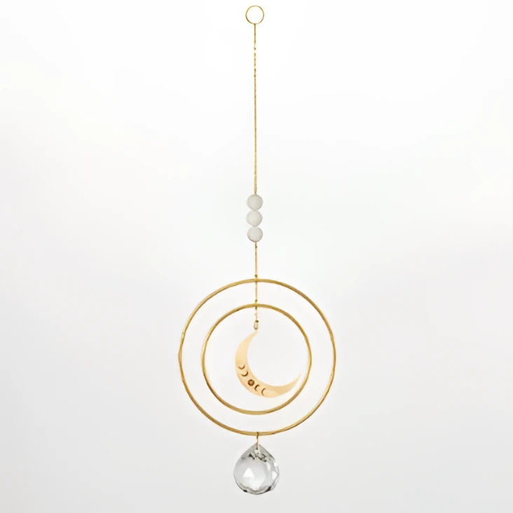 Gold Crescent Moon Suncatcher with White Beads and Crystal Drop Woodstock #SUNM