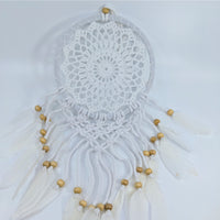 Thumbnail for White crocheted dreamcatcher with beads and feathers, perfect for referral history rewards