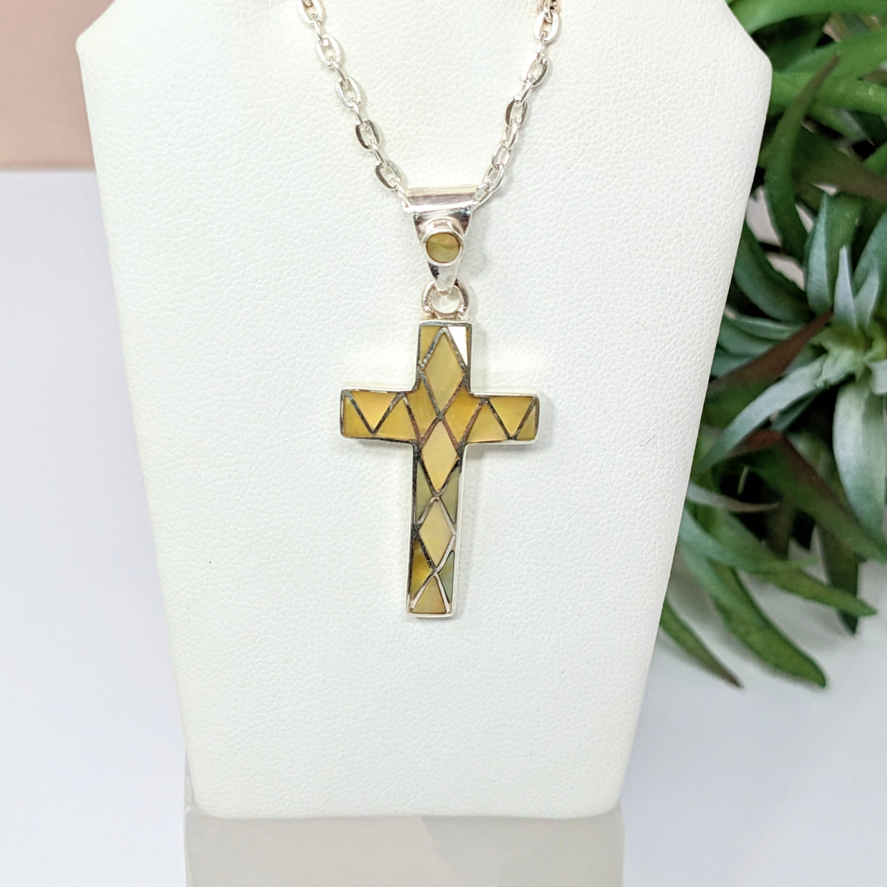 Sterling Silver Shell Inlay Cross Pendant on White Mannequin - Product LV2769