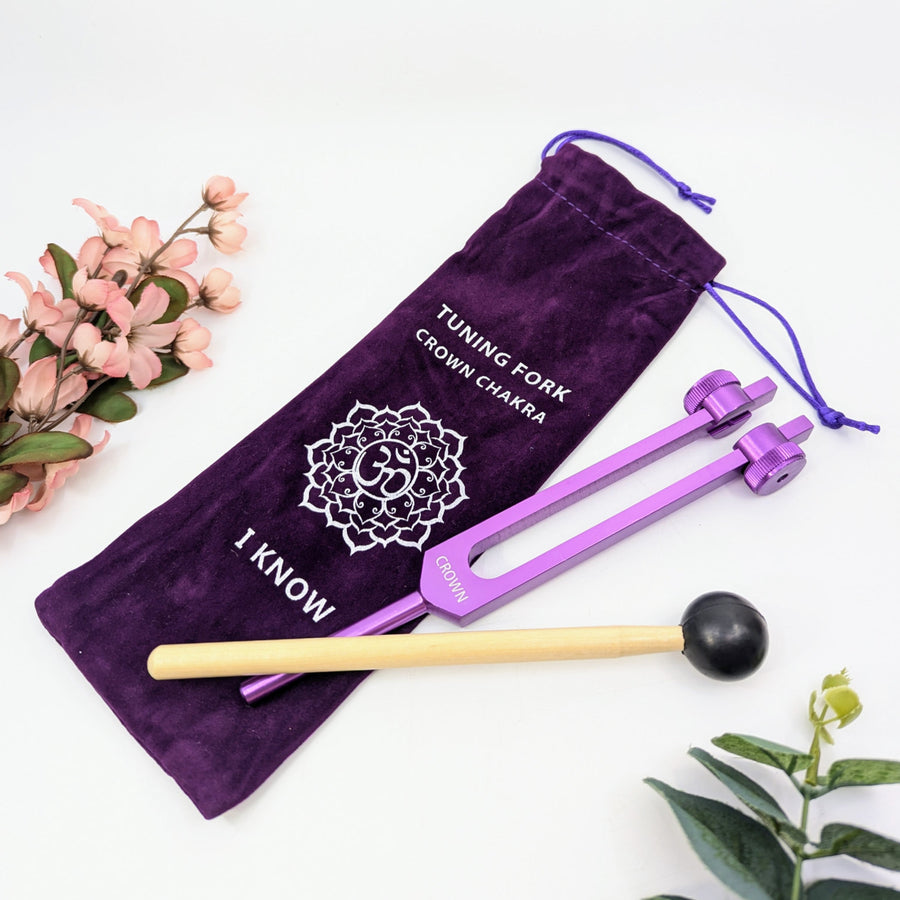 Purple Crown Chakra 8-inch Tuning Fork with Mallet and Pouch for Healing and Sound Therapy