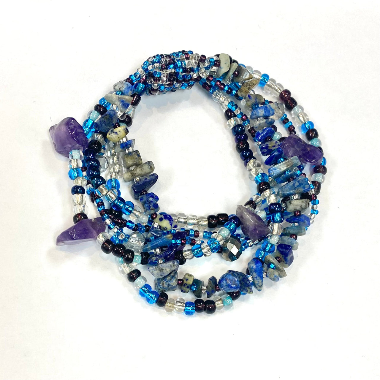 Crystal Beaded Bracelet w/ Blue & Purple Beads, Magnet Clasp, Clear Quartz Highlights #LV1779