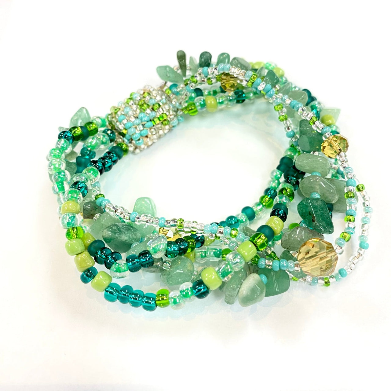 Crystal Beaded Bracelet: Stack of Green Aventurine and Blue Glass Beads #LV1779
