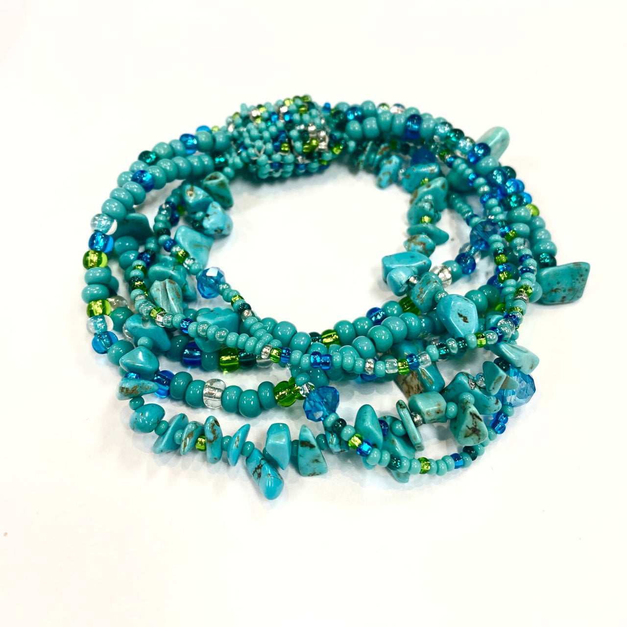 Crystal Beaded 6 Strand Bracelet with green aventurine and blue beads, Magnet Clasp #LV1779
