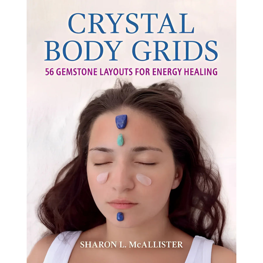 Book cover showing a woman with crystals on her face for Crystal Body Grids by Sharon L McAllister
