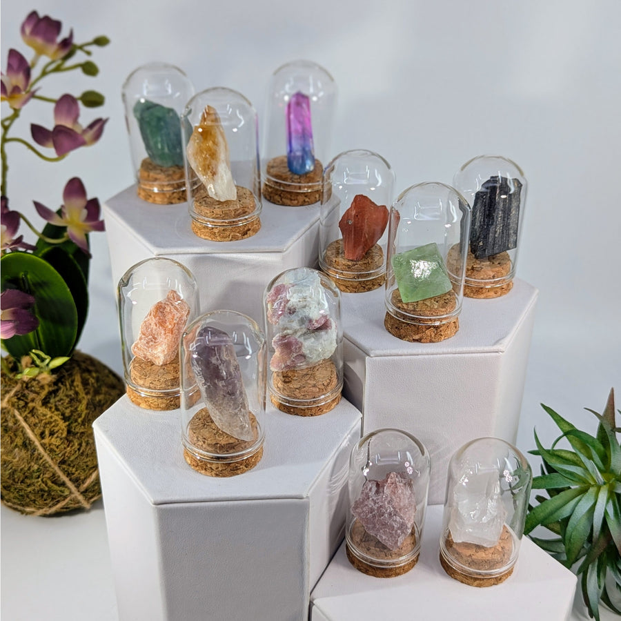 Crystal in glass dome display specimen for the Crystal in a Bottle 2.2 inch product