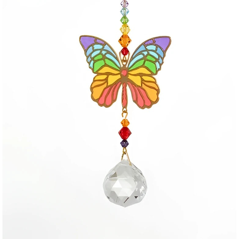Stained glass butterfly suncatcher in rainbow hues with crystal drop, Swarovski-inspired