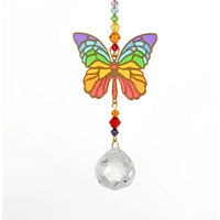 Stained glass butterfly suncatcher in rainbow hues with crystal drop, Swarovski-inspired
