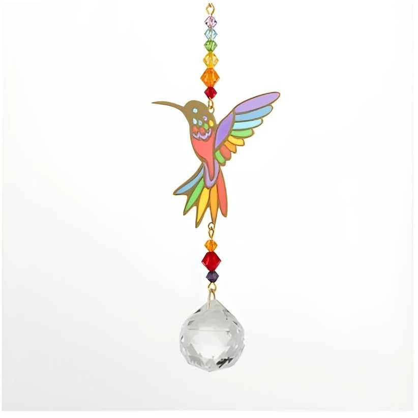 Rainbow Hummingbird Suncatcher with Crystal Pendant and Beaded Chain