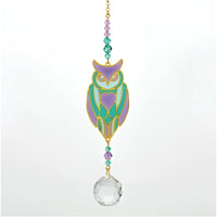 Purple teal owl stained glass suncatcher with crystal ball pendant