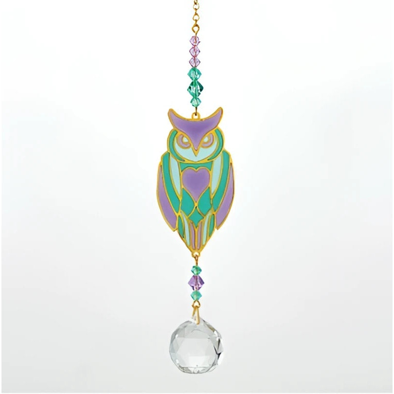 Purple teal owl stained glass suncatcher with crystal ball pendant