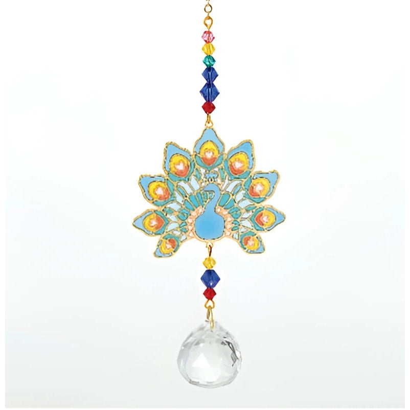 Crystal Dreams Peacock stained glass suncatcher with colorful beads