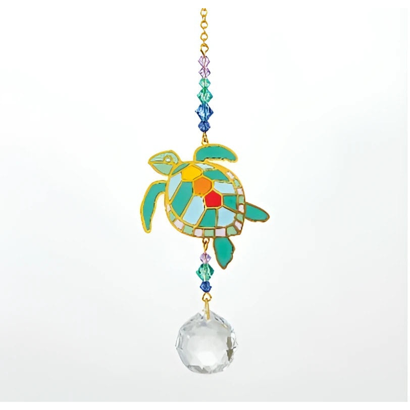Crystal Dreams Sea Turtle stained glass suncatcher with mosaic design