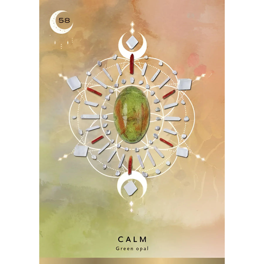 Green opal gemstone with geometric arrangement in Crystal Grid Oracle Deluxe Edition by Nicola McIntosh