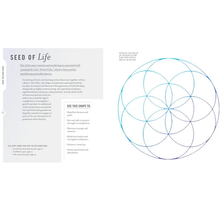 The Seed of Life logo on Kiera Fogg’s Crystal Gridwork book about sacred geometry and crystals