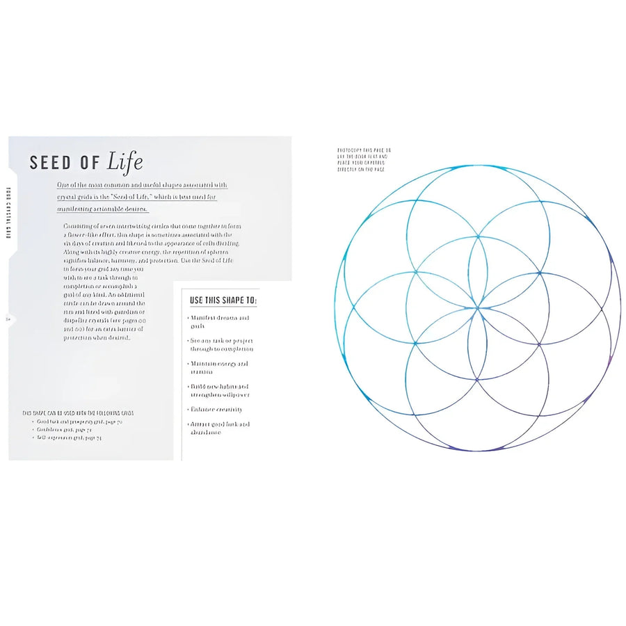 The Seed of Life logo on Kiera Fogg’s Crystal Gridwork book about sacred geometry and crystals